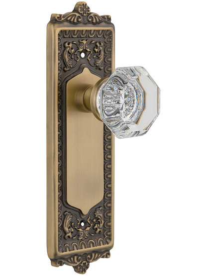 Egg and Dart Style Door Set with Waldorf Crystal Door Knobs in Antique Brass.